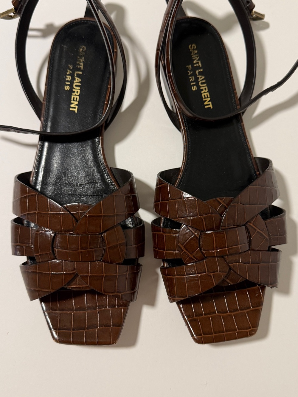 Saint Laurent Brown Croc-Embossed Leather Strappy Sandals